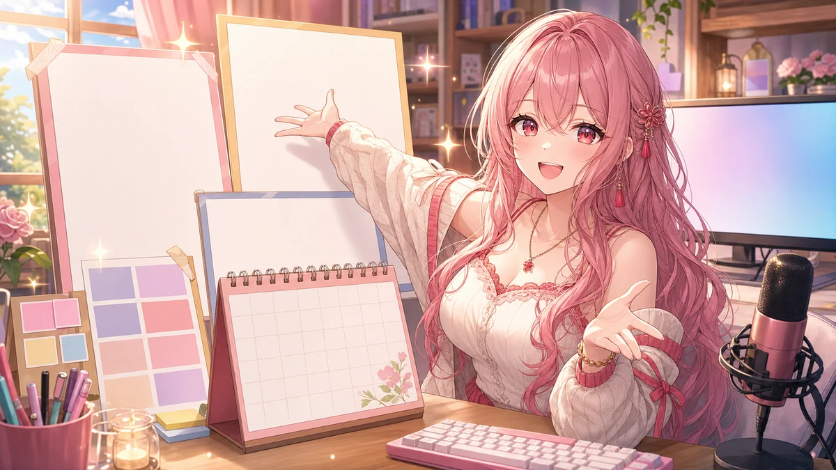 青い背景の配信画面を前に新しい記念イラストを紹介する女性キャラクターのイメージ