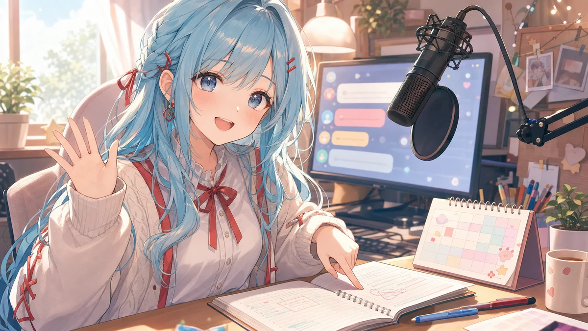 朝の配信部屋でノートとカレンダーを前に手を振る女性キャラクターのイメージ