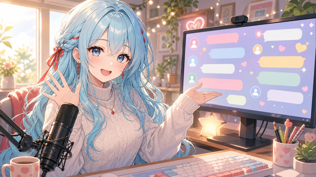 配信画面のコメント欄を横に置き、マイクの前で自己紹介する女性キャラクターのイメージ