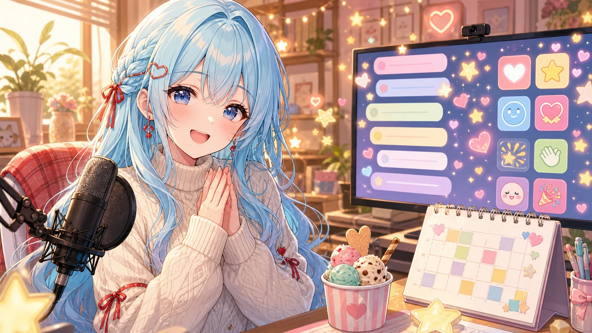 星の演出が流れる配信画面と、絵文字一覧を確認する女性キャラクターのイメージ