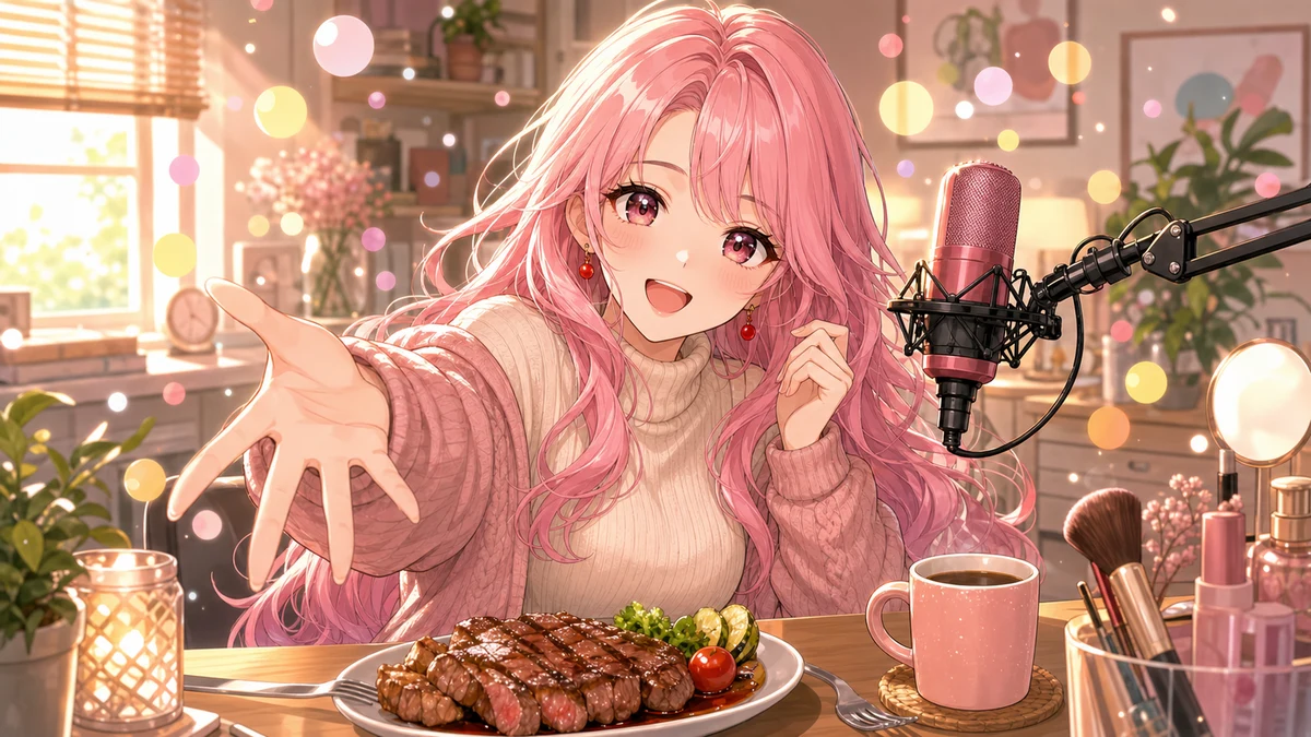 朝の配信画面の前で初見歓迎の雰囲気を作りながら料理の話を続ける人物のイメージ