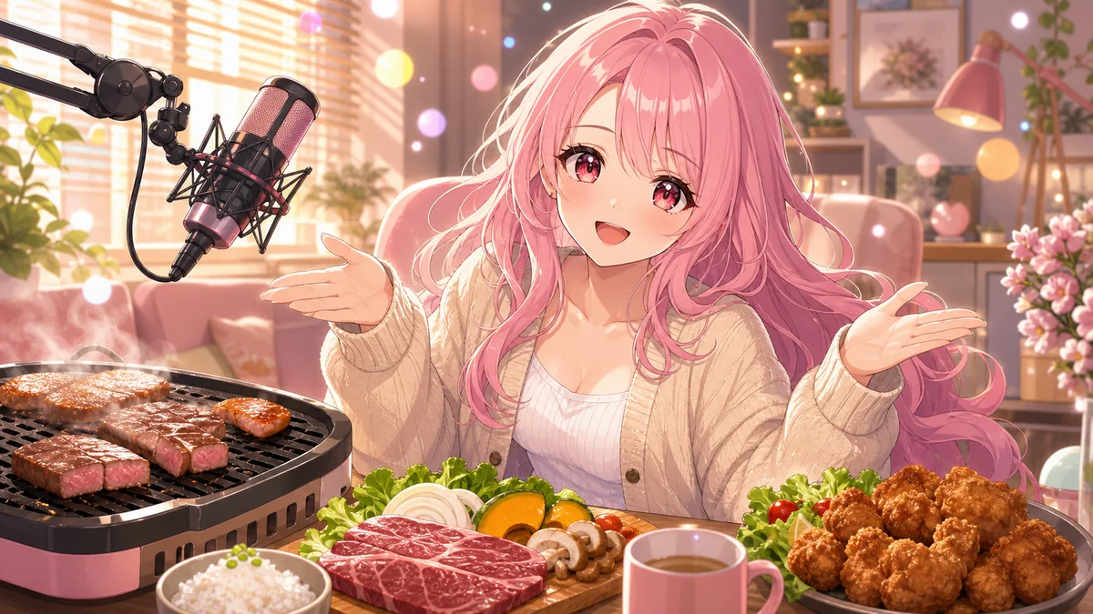 朝の配信部屋で肉料理を囲みながら視聴者の反応を受け止める人物のイメージ