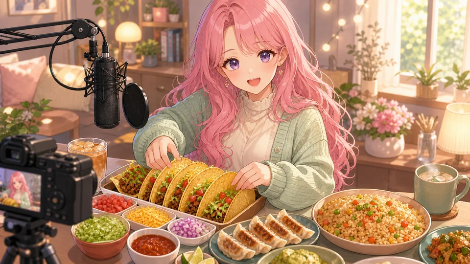 明るい朝の配信部屋でタコスの具材と小皿を並べて笑う女性キャラクターのイメージ