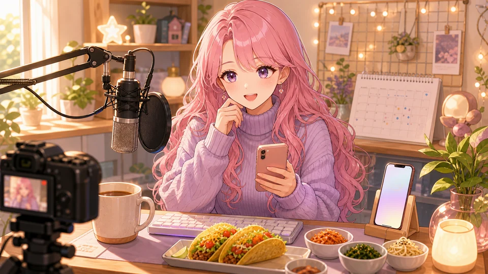 朝の配信机にカレンダー、スマートフォン、料理小物を並べてコメントを読む女性キャラクターのイメージ