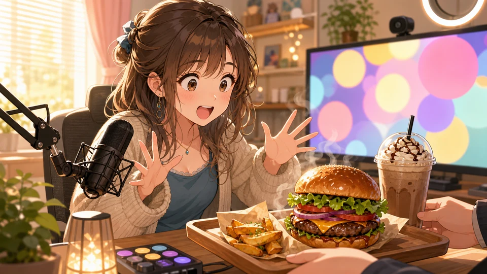 朝の配信部屋でハンバーガーとシェイクを前にコメントを見る女性キャラクターのイメージ