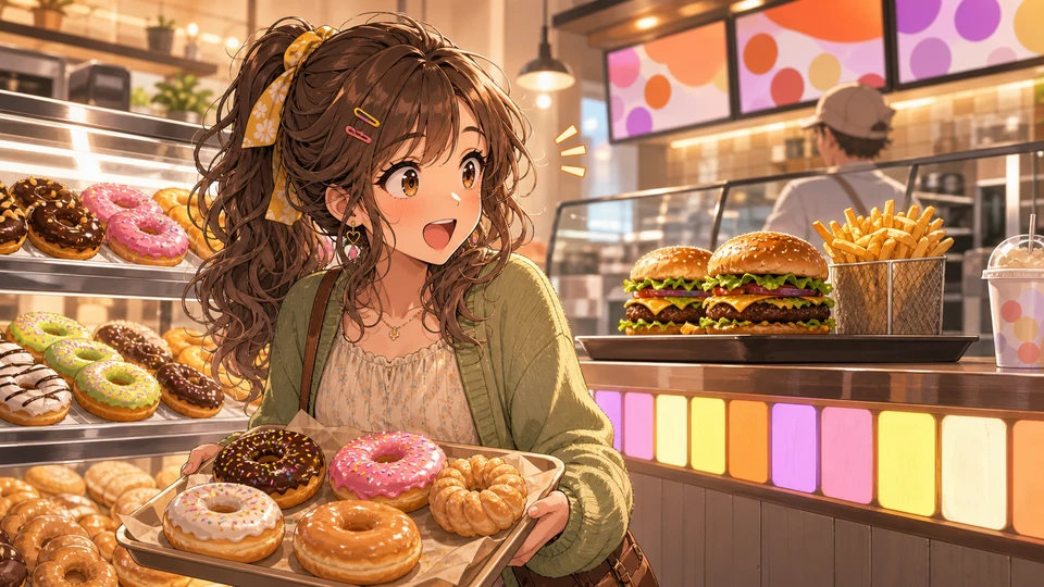 ドーナツ棚とハンバーガーのカウンターを見て驚く女性キャラクターのイメージ