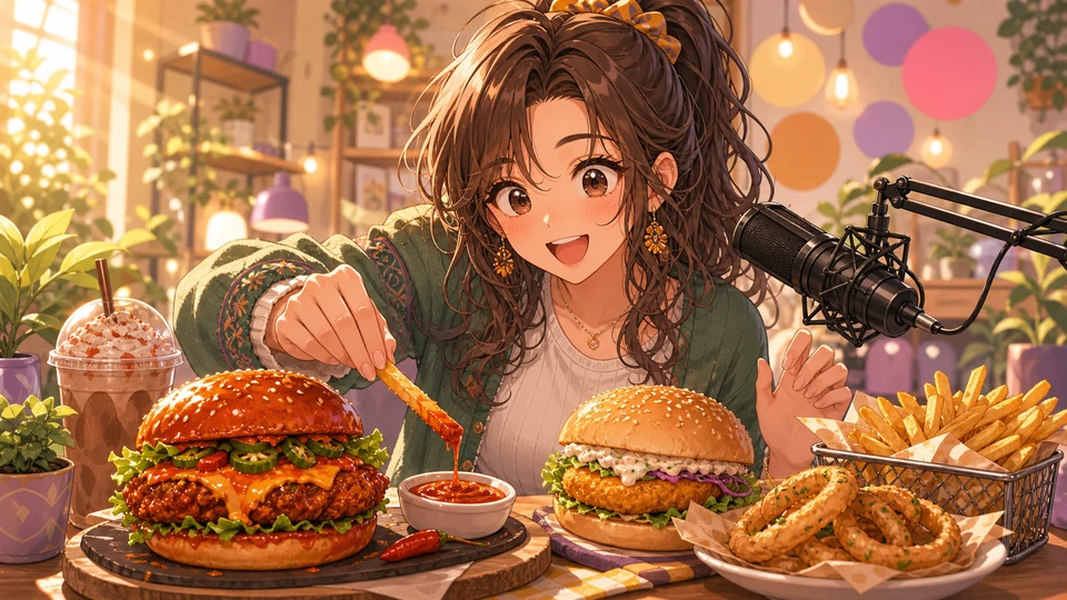 スパイシーなハンバーガーと小皿のソースを前に笑う女性キャラクターのイメージ