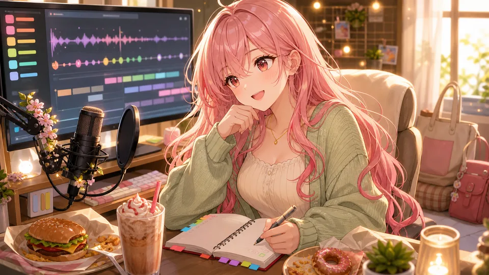 配信アーカイブの波形とハンバーガーやドーナツを見ながら確認元を整理する女性キャラクターのイメージ