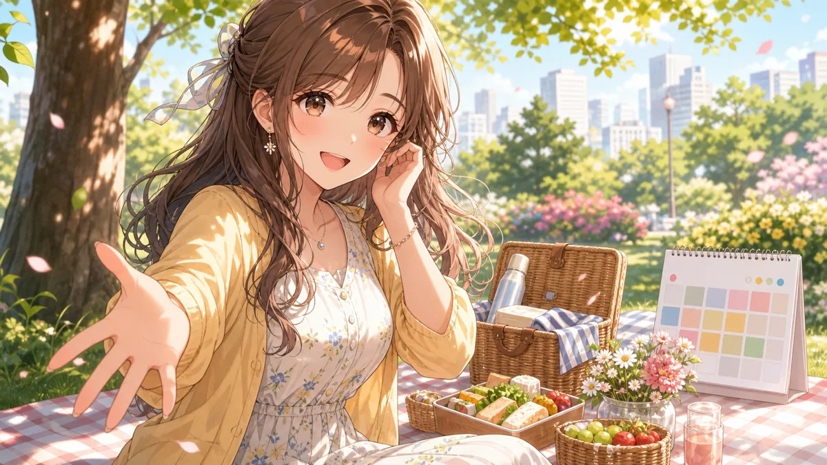 5月の公園でピクニックを楽しむオリジナル女性キャラクターのイメージ
