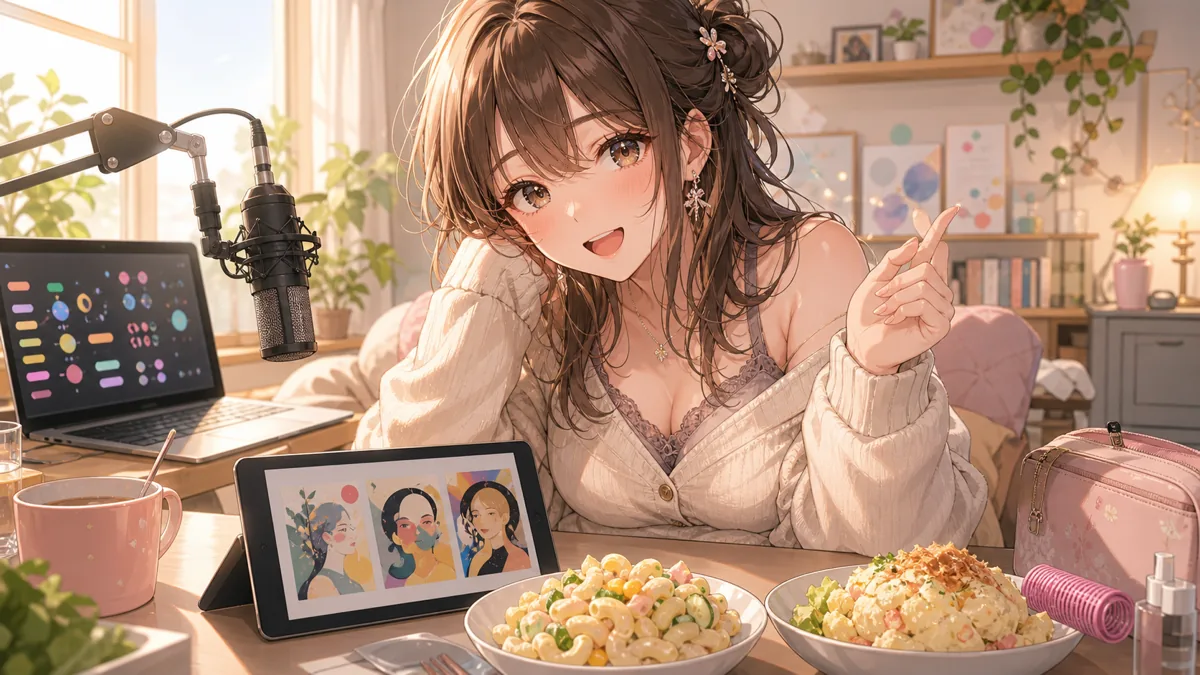 配信部屋でコメントとAI画像を見ながら話すオリジナル女性キャラクターのイメージ