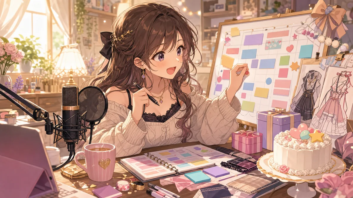 カレンダーと配信準備メモを見ながら笑うオリジナル女性キャラクターのイメージ