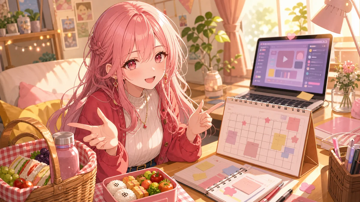 配信準備のカレンダーと外ごはんの小物を並べて振り返るピンク髪の女性キャラクターのイメージ
