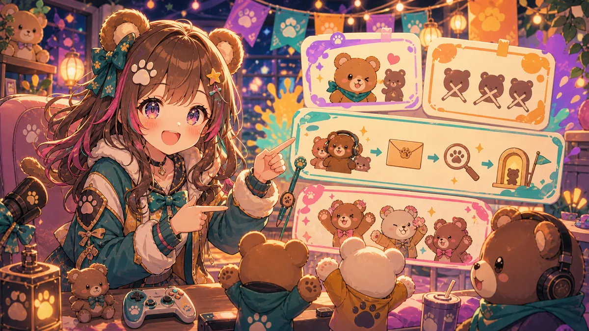 概要欄の参加条件を見ながら、こぐまチームの参加準備を進めるオリジナルキャラクターのイメージ