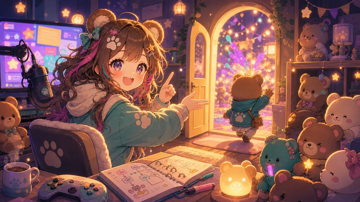 長い配信の途中で、遅れて来た参加者をやさしく案内するオリジナルキャラクターのイメージ
