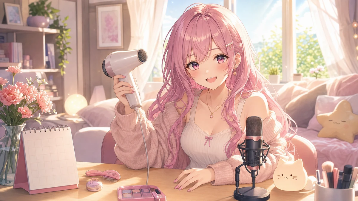 朝の配信部屋で身支度を整えながらマイクへ向かうピンク髪の女性キャラクター