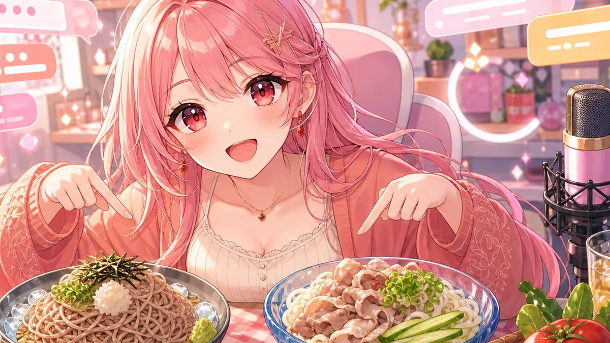 冷たい麺や夏野菜が並ぶ配信机で楽しそうに食べ物を示す女性キャラクター