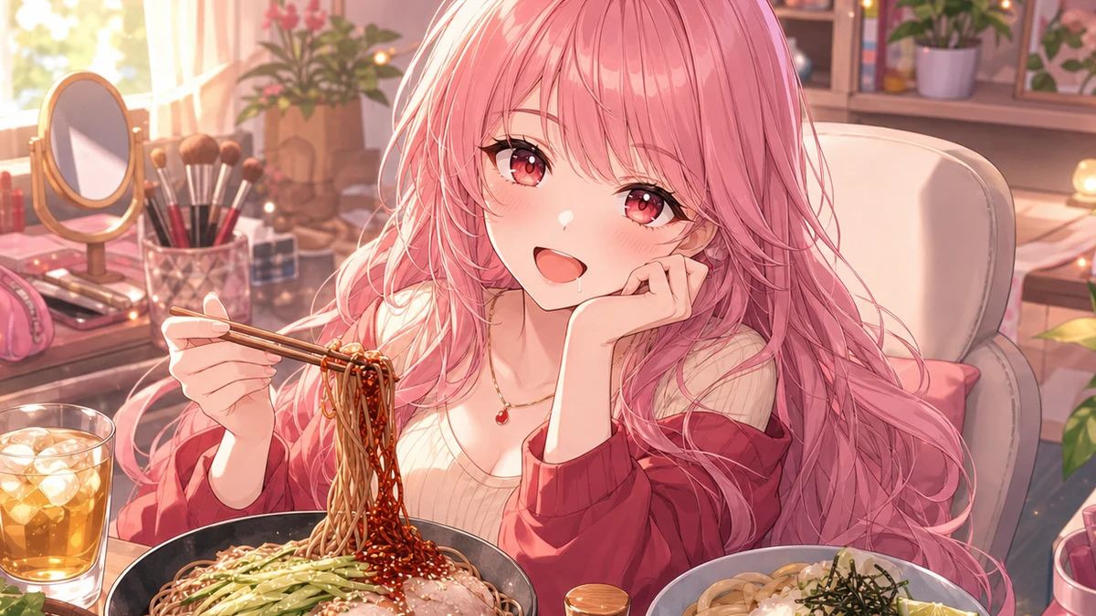 辛味のあるそばと冷たい飲み物を前に箸を持って笑う女性キャラクター