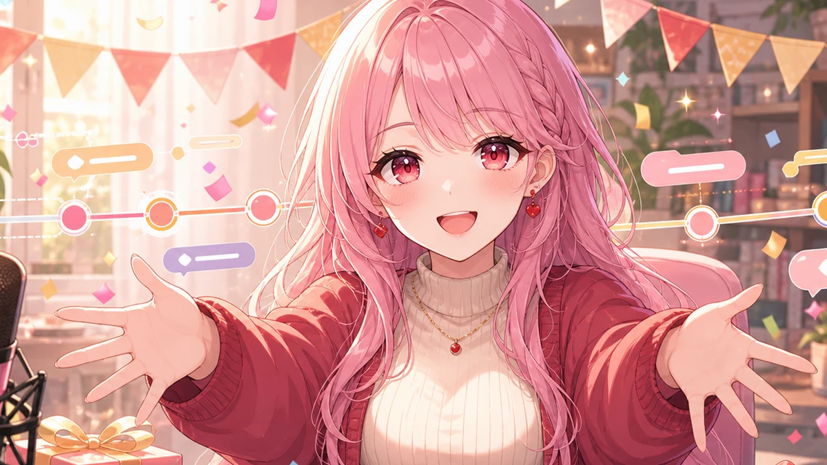 明るい配信部屋で紙吹雪と星飾りに囲まれて感謝を示す女性キャラクター