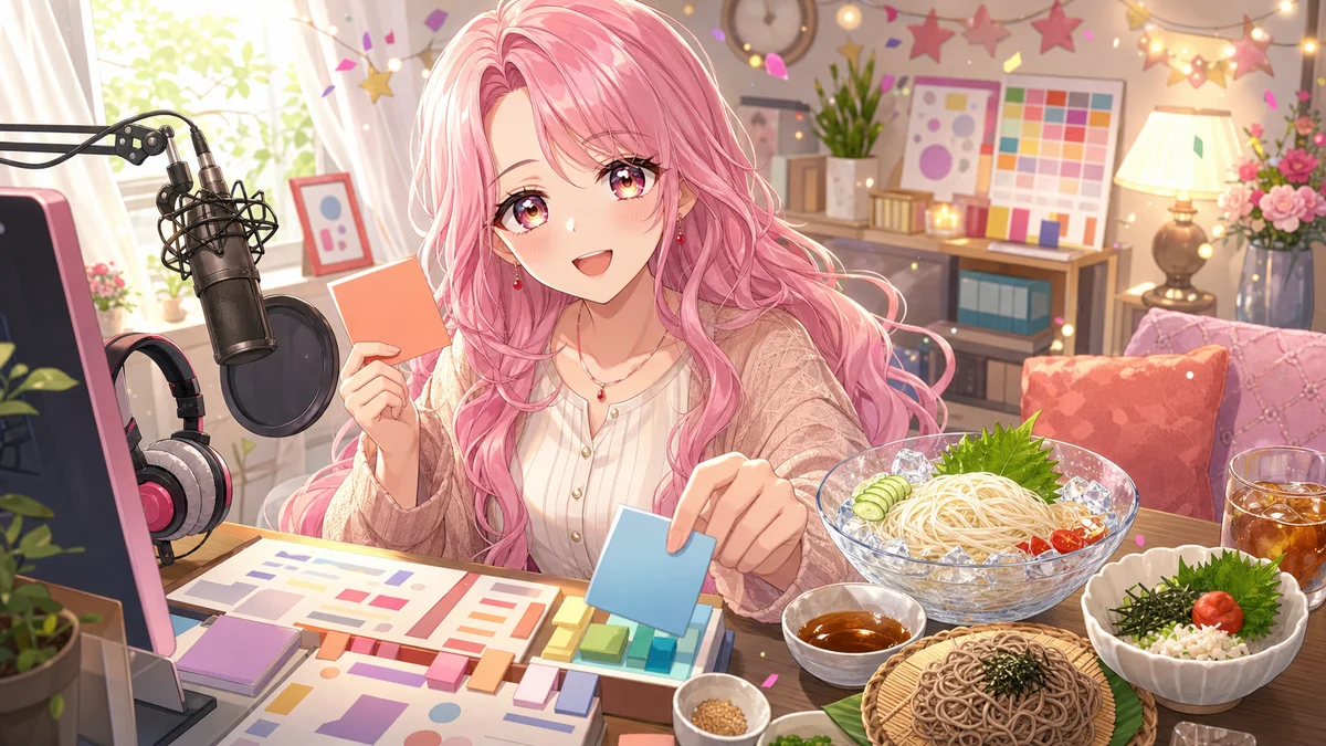 配信部屋の机に冷たい麺とメモを並べてアーカイブを見返す女性キャラクター