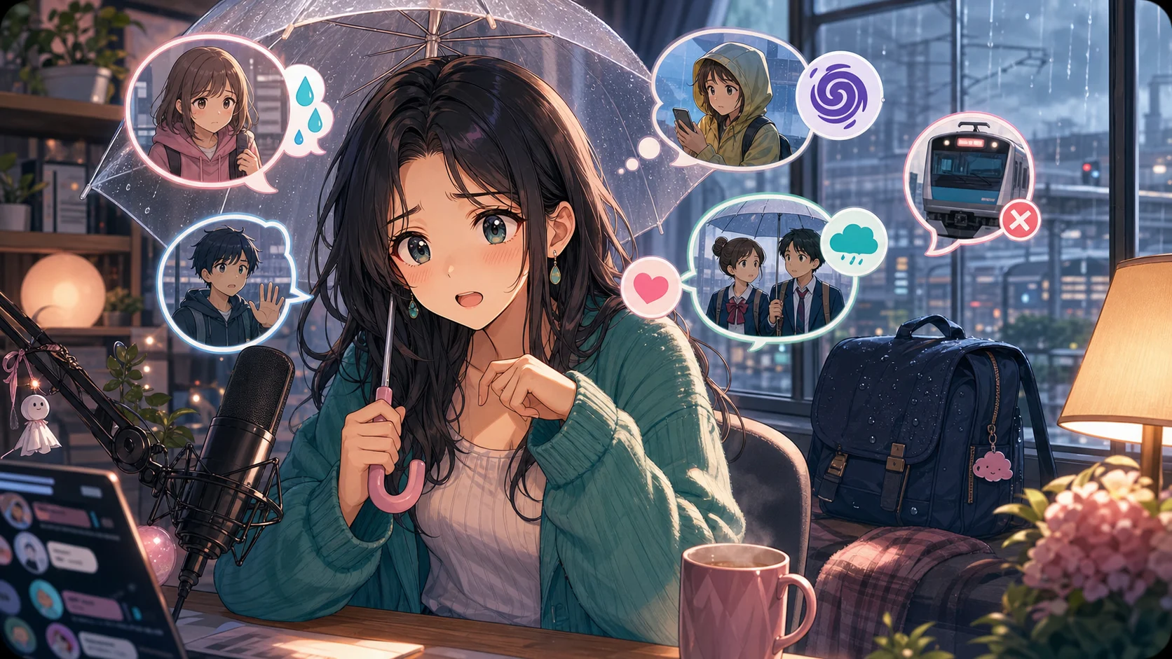雨の窓辺で天気画面を見ながらコメントに手を振る女性キャラクターのイメージ