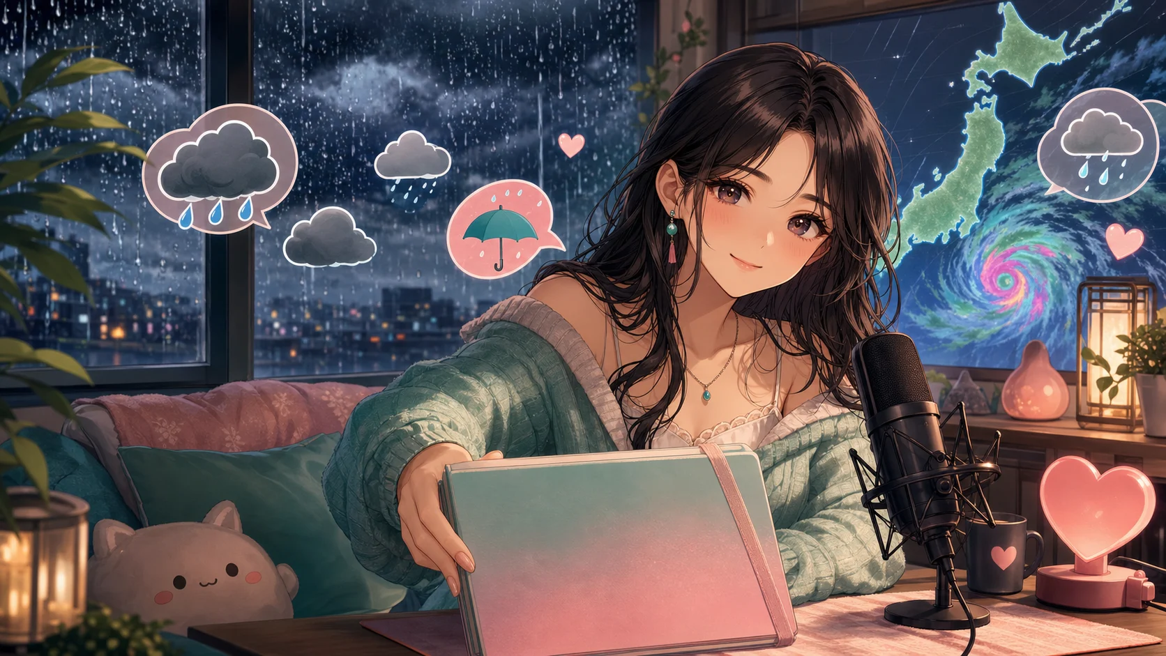 日本地図と雨雲の抽象UIを背景に、カレンダーを閉じてマイクへ向かう女性キャラクターのイメージ