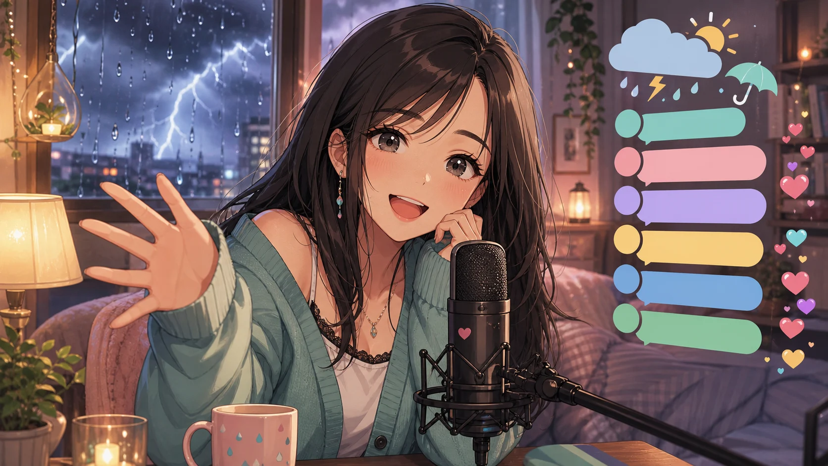 雨の配信部屋でマイクに向かい、コメント欄へ自己紹介する女性キャラクターのイメージ