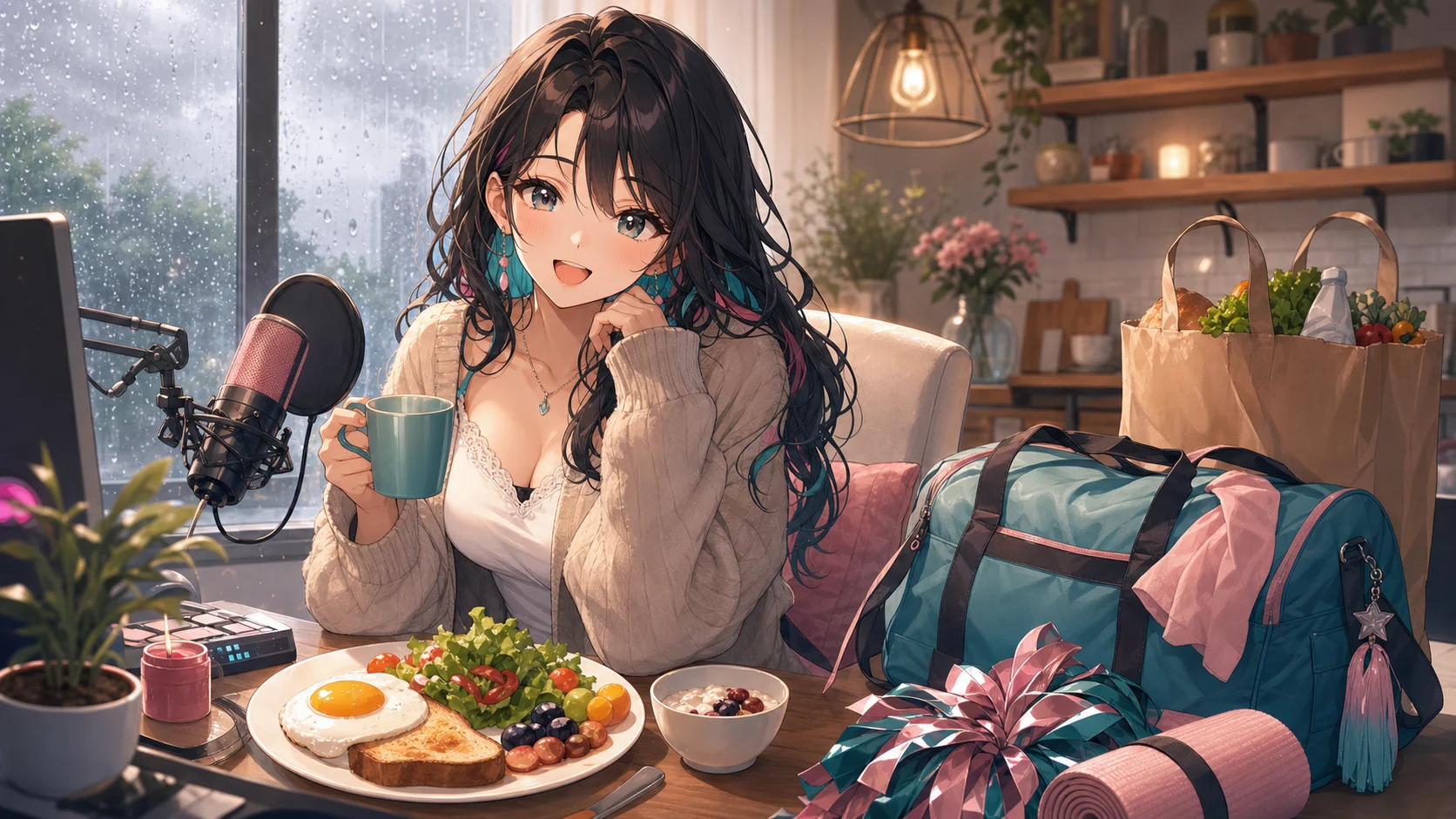 雨上がりのキッチンと部活バッグを背景に、朝食を前に話す女性キャラクターのイメージ