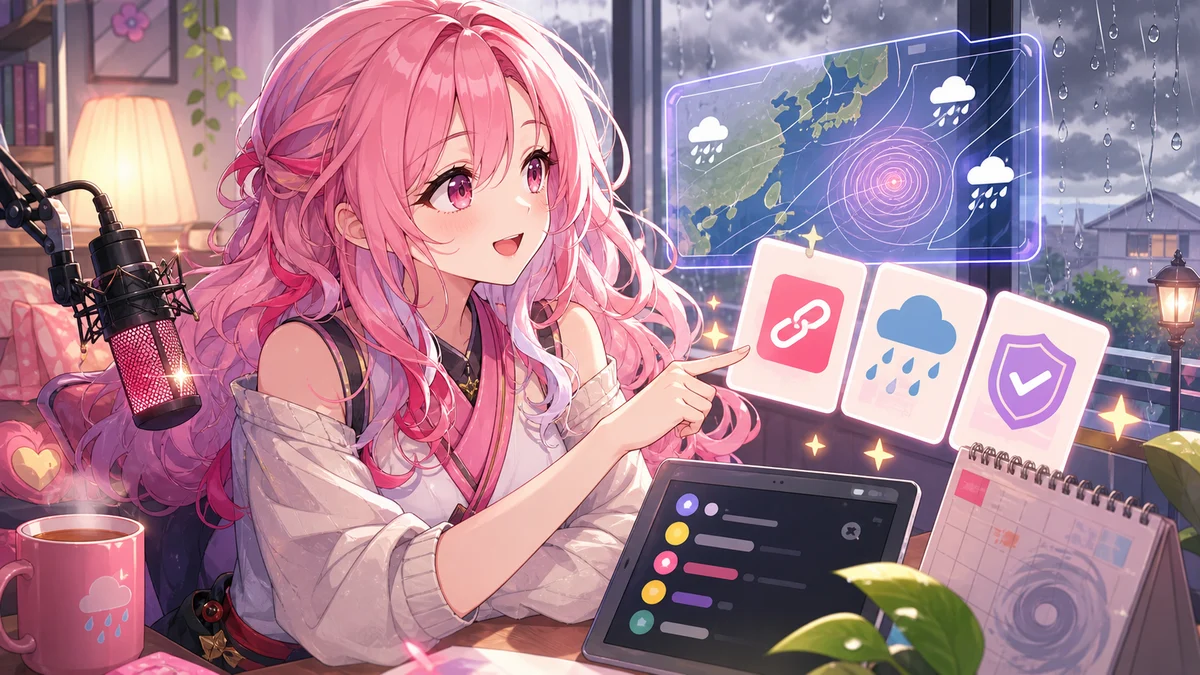雨の配信部屋で天気図と確認カードを見ながら安全確認を整理する女性キャラクター