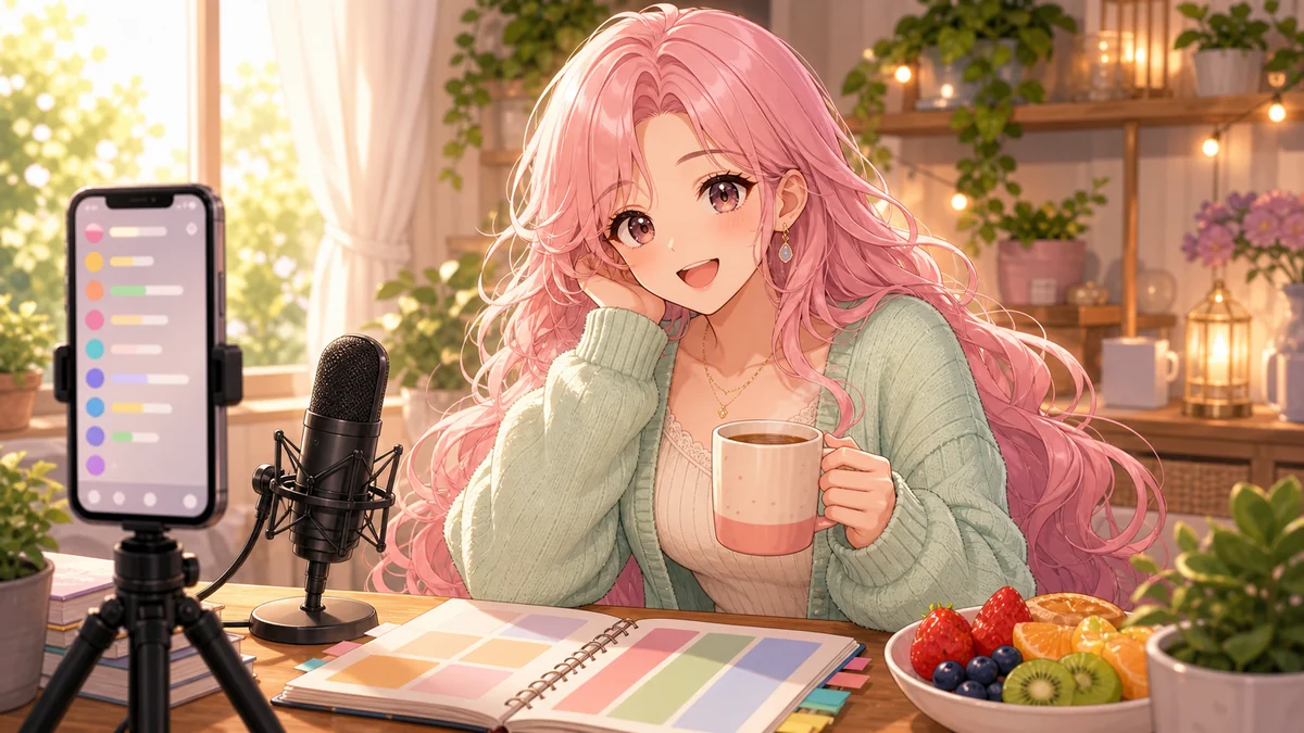 週末報告を受け止める朝の縦型配信を描いたオリジナルキャラクターのイメージ