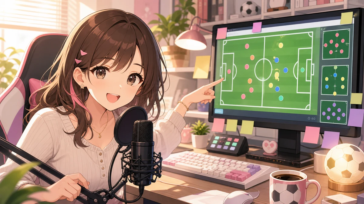 マイク前の女性キャラクターがサッカーの作戦盤風モニターを指して朝の配信準備をするイラスト