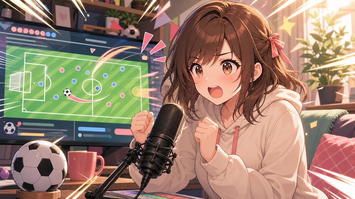 女性キャラクターが抽象的なサッカー画面を見ながらマイク前で前のめりに応援するイラスト