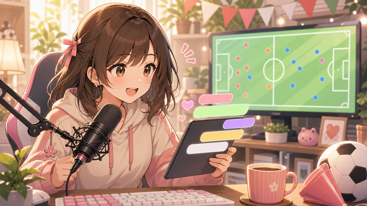 マイク前の女性キャラクターがタブレットの色付きコメント表示とサッカー画面を見比べるイラスト
