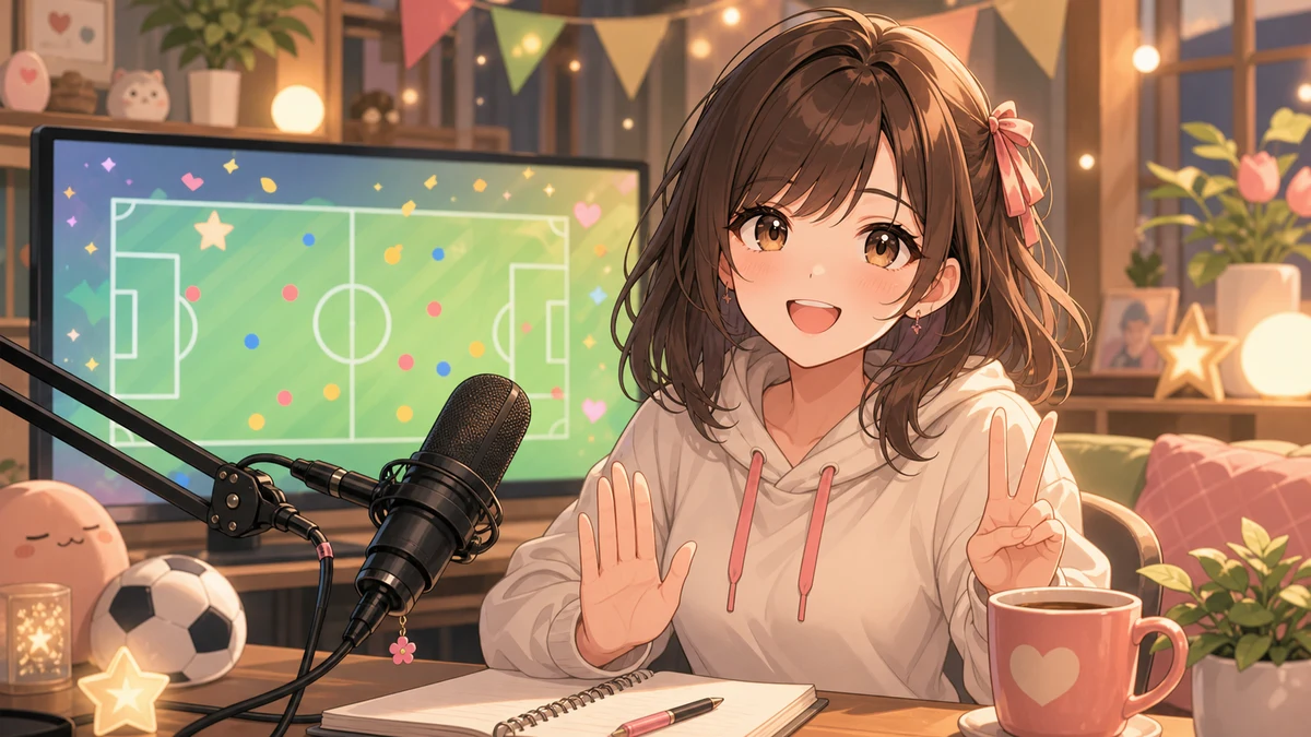 女性キャラクターがサッカー画面の前で穏やかに手を上げ、ノートとマイクのある机で配信を締めるイラスト