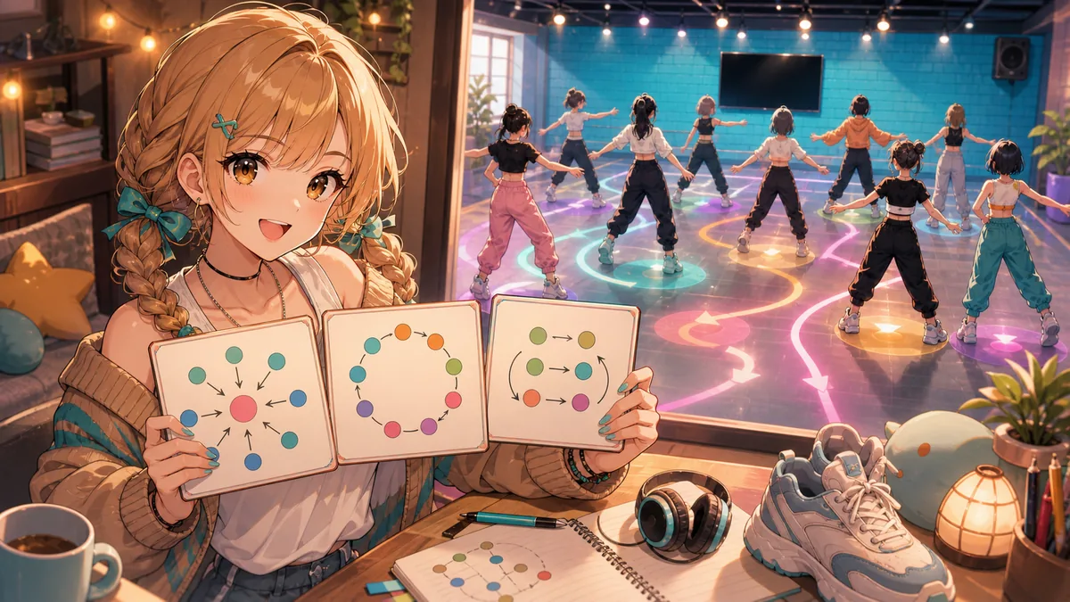 9人ユニット曲の視聴ポイントを配信部屋で整理するオリジナル女性キャラクターのイメージ