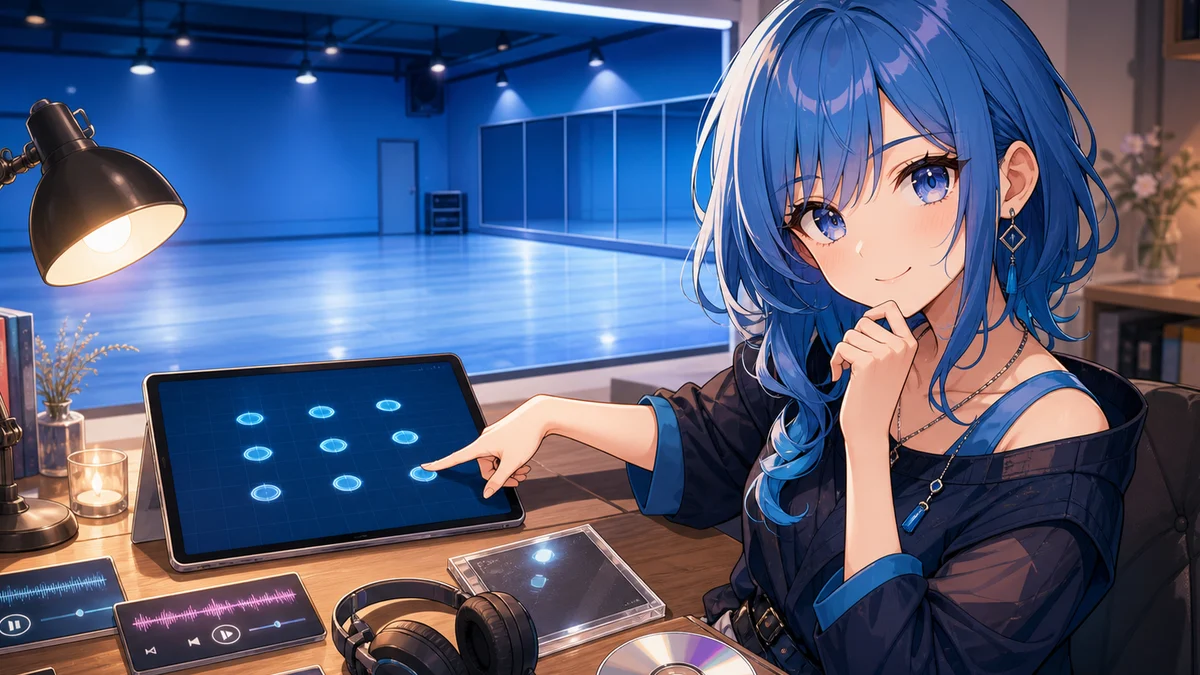 青い練習スタジオを背景に、9つの配置マーカーと音楽小物を机上で確認するオリジナル女性キャラクターのイメージ
