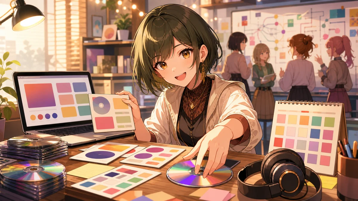 音楽動画の概要欄とCDリリース情報を整理するオリジナルキャラクターのイメージ
