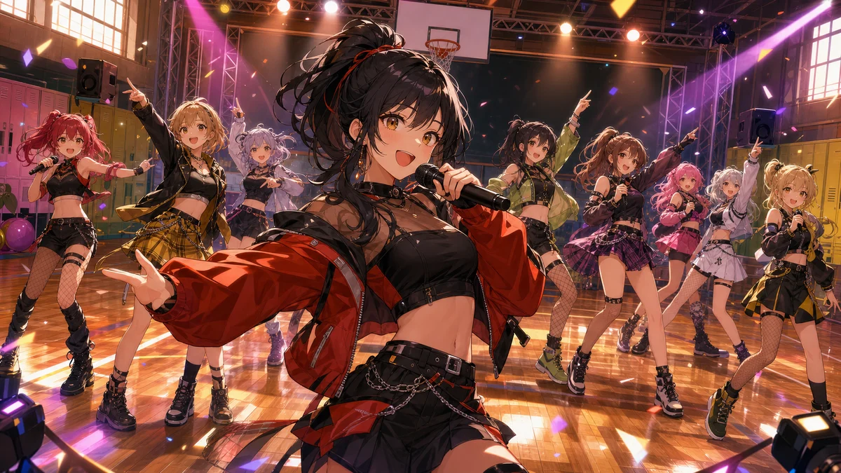 体育館風ステージで9人のオリジナルキャラクターが群舞するイメージ