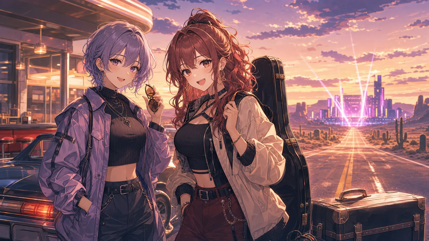 夕焼けの砂漠ロードサイドで音楽の旅が始まるオリジナルキャラクターのイメージ