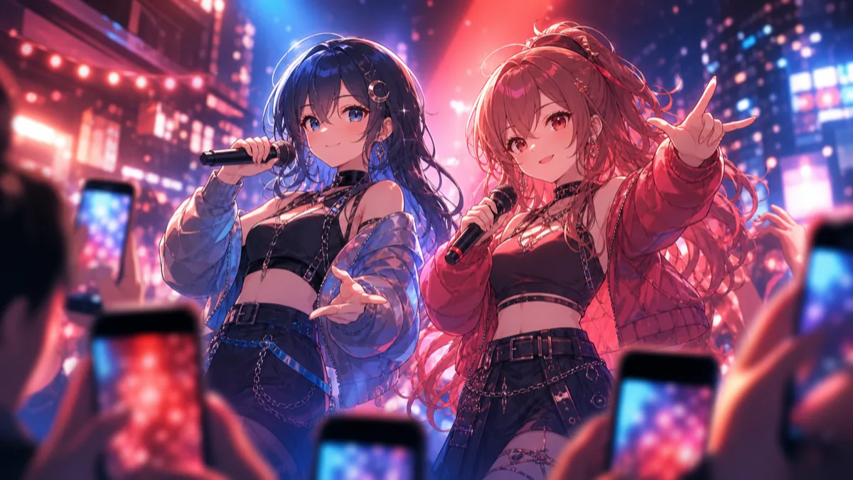 スマホ越しのネオン演出ときらめく視線を楽しむオリジナルキャラクターのイメージ