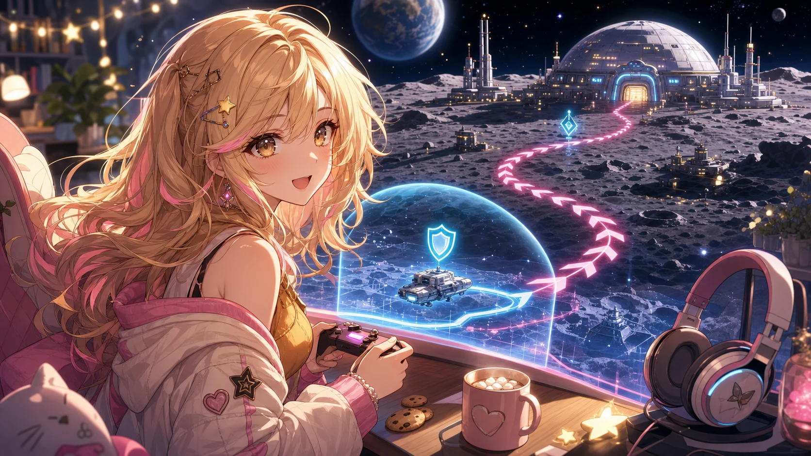月面施設の光を背に作戦端末を確認する金髪の女性キャラクターのイメージ