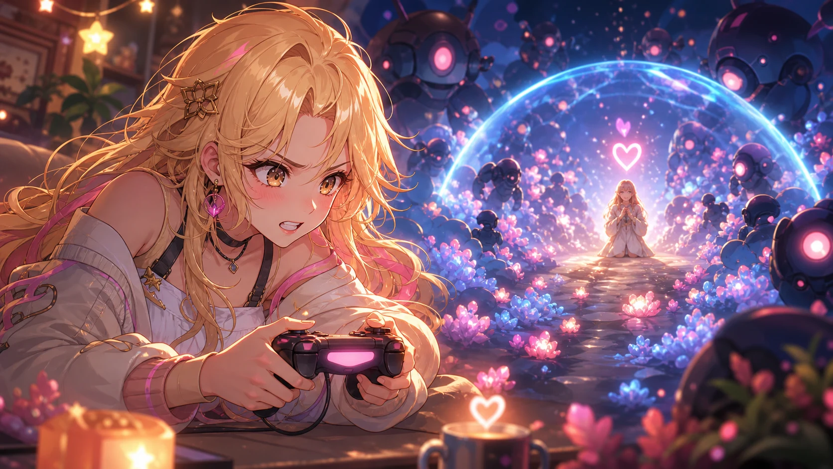 光の粒が舞う戦場で操縦席のレバーを握る金髪の女性キャラクターのイメージ