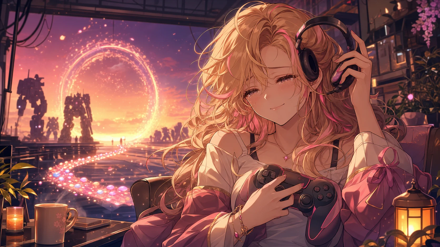 夕焼けの格納庫でヘッドセットを外しながら仲間の機体を見送る金髪の女性キャラクターのイメージ