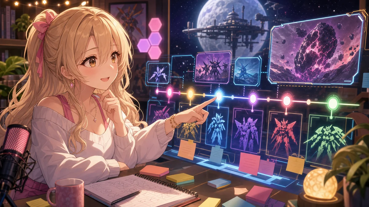 月面施設と巨大な岩塊を示すタイムラインを指差す金髪の女性キャラクターのイメージ
