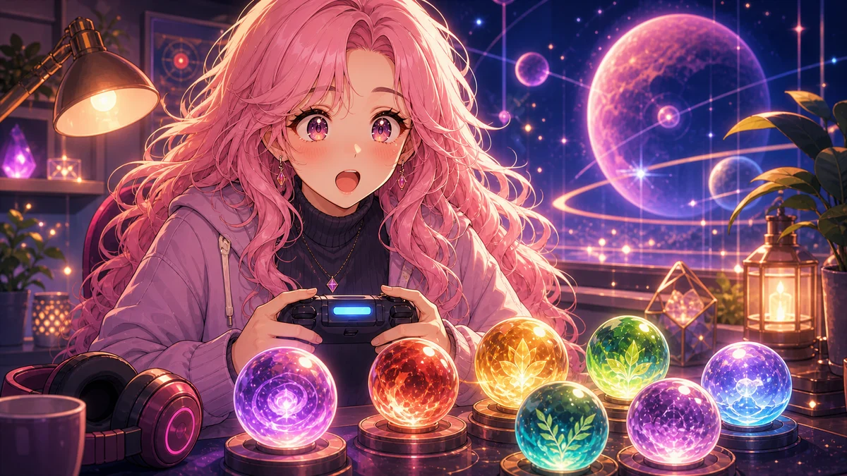 七つの光るオーブとコントローラーを前に驚く女性キャラクターのイメージ