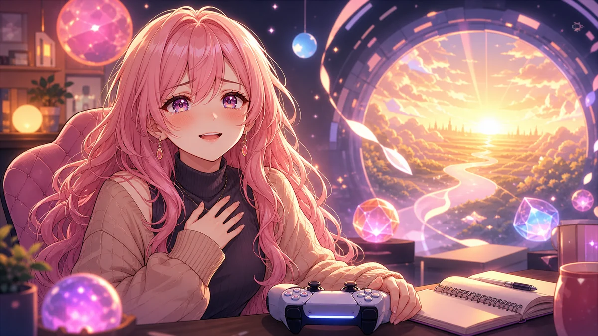 抽象的な夕焼けポータルと光るオーブを前に感動している女性キャラクターのイメージ