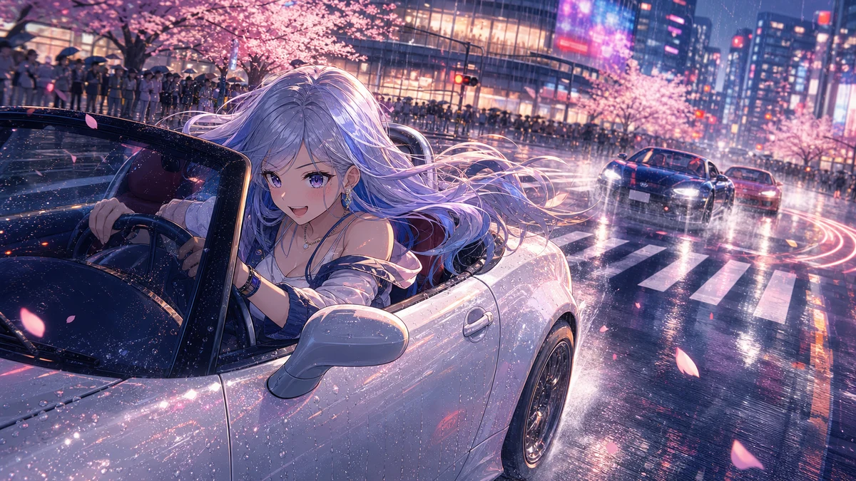 雨に濡れた都市の交差点をスポーツカーで曲がる人物