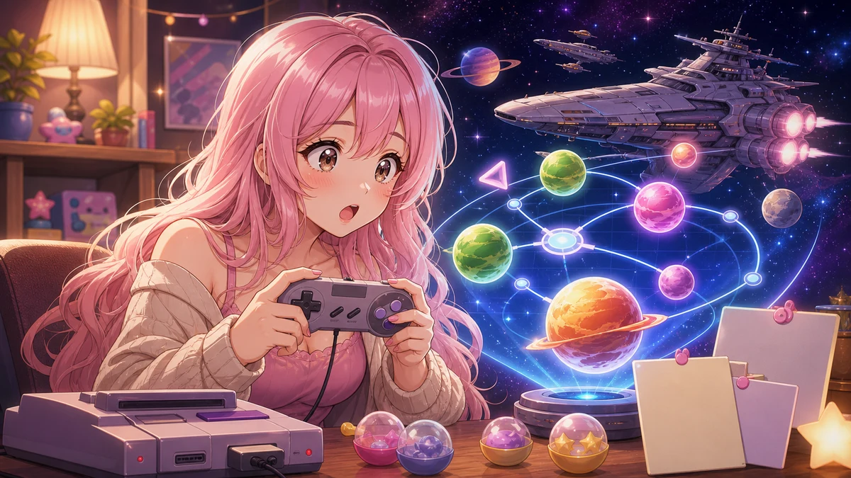 明るい配信部屋でレトロゲーム機と宇宙地図を前に驚く女性キャラクターのイメージ