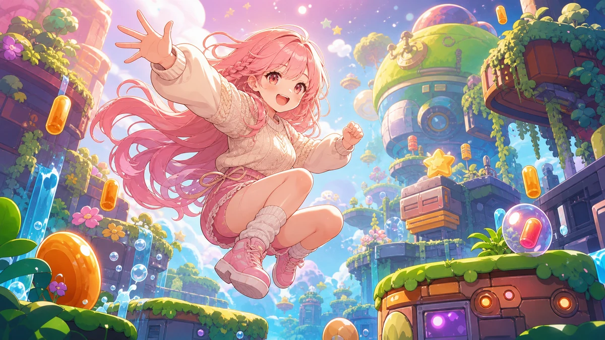 カラフルな惑星ステージで足場を見極めながらジャンプする女性キャラクターのイメージ