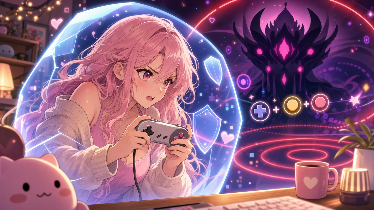 巨大な影のボスを前にガードのタイミングを測る女性キャラクターのイメージ