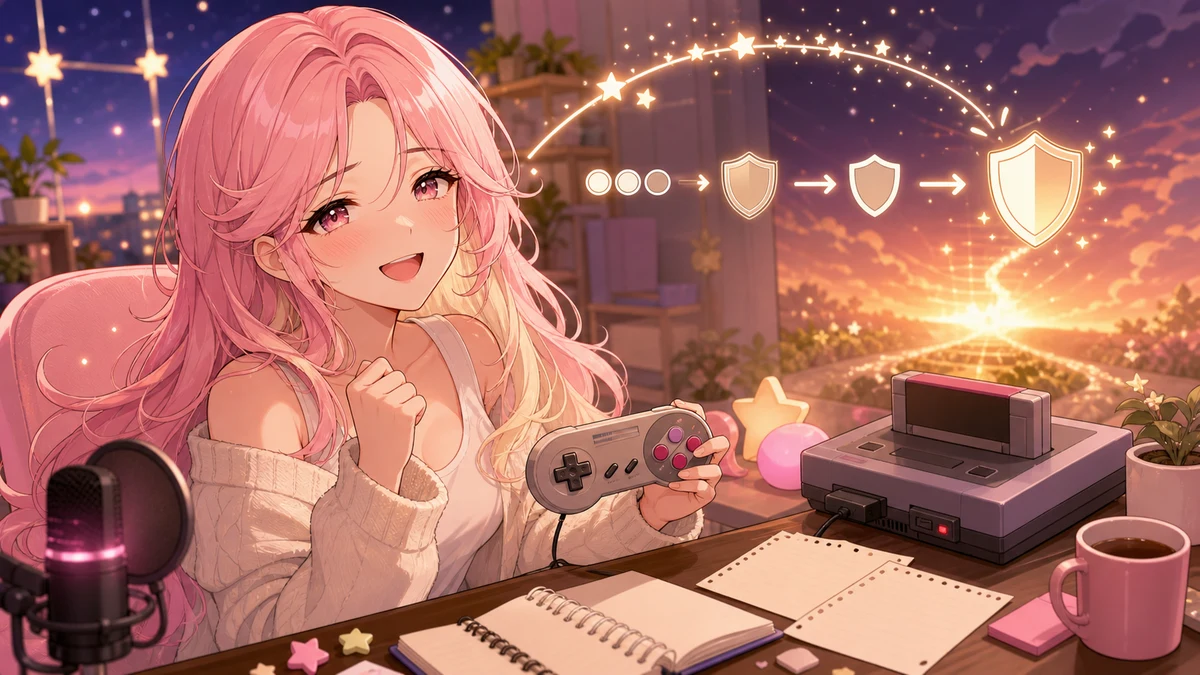 エンディング後の配信部屋でゲームカートリッジとメモを見ながら笑う女性キャラクターのイメージ
